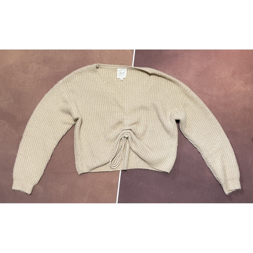 Le Lis Front Drawstring Ruched Oversized Fuzzy Sweater Size M Beige Bohemian